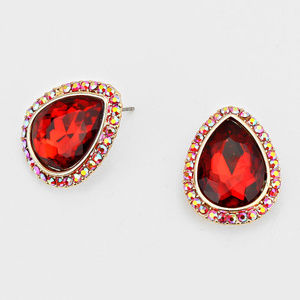 Rhinestone Halo Teardrop Evening Earrings in Red